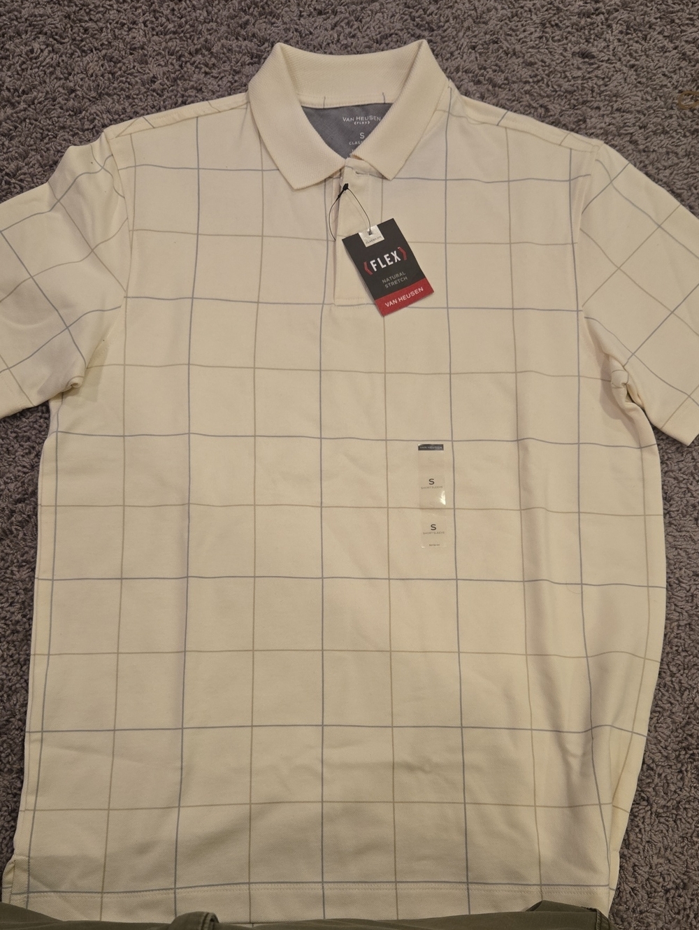 Van Heusen Men’s Cream Polo with Blue Windowpane